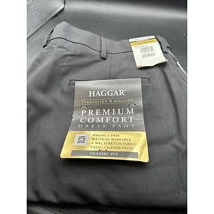 Haggar Mens Size 42W x 29L Charcoal Stretch Stria Classic Fit Pleat Pants